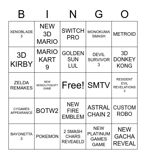 NINTENDO E3 2021 Bingo Card