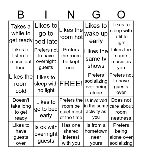 Roommate Bingo Card