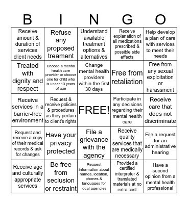 Client Rights Bingo Card