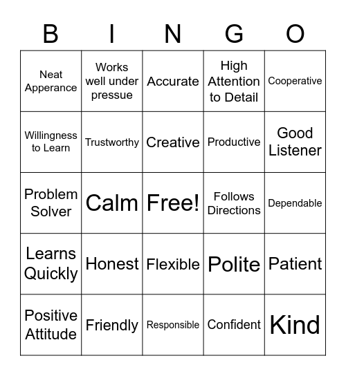 Work Strengths Bingo Card