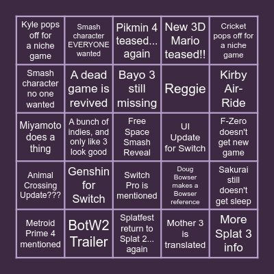 LFG Nintendo Direct Bingo Card