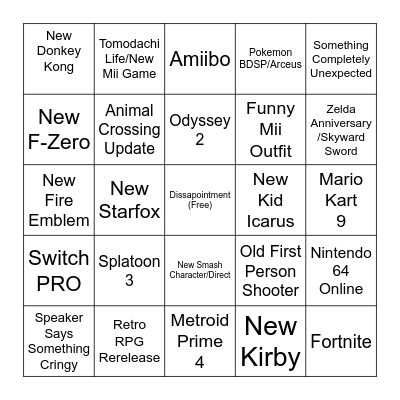 Garrett Fant Nintendo Direct Bingo Card