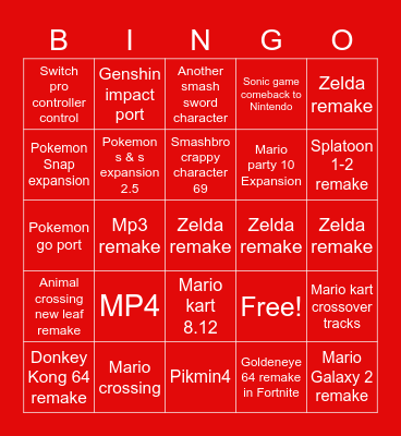 E3 Nintendo Bingo Card