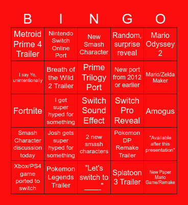 Nintendo E3 2021 Presentation Bingo Card