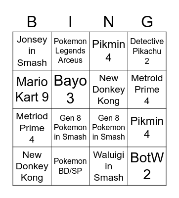 Nintendo E3 Predictions Bingo Card