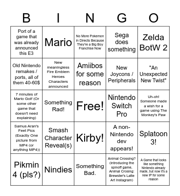 Vocalee's Big Fat E3 Nintendo Direct Bingo Card