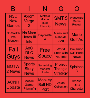 E3 2021 Nintendo Direct Bingo Card