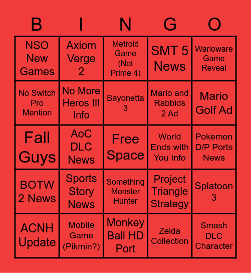 E3 2021 Nintendo Direct Bingo Card