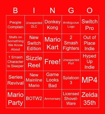 Nintendo E3 Bingo Card