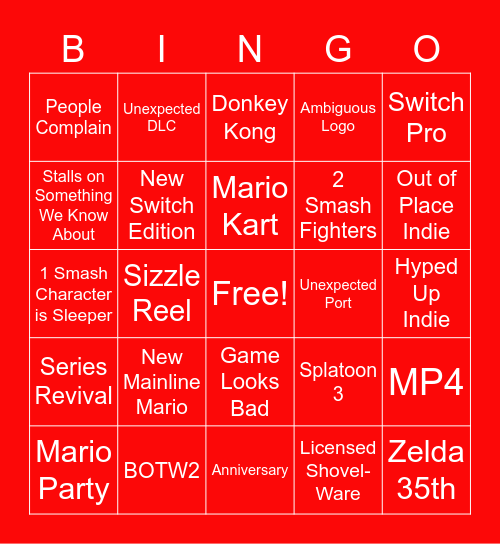 Nintendo E3 Bingo Card