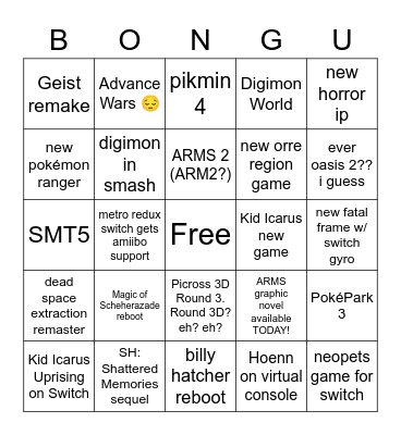 Nintendo "yeah ok" Bingo Card