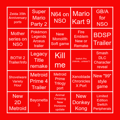 Nintendo E3 Direct Predictions Bingo Card