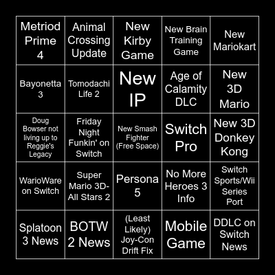 Nintendo E3 BINGO Card