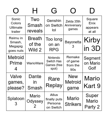 Nintendo Direct Bingo Card