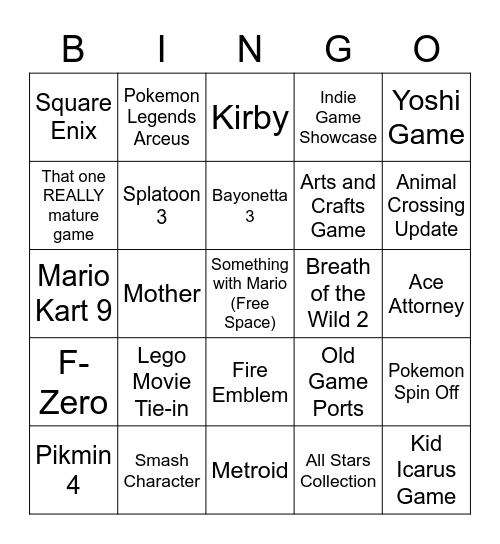 Nintendo E3 Bingo Card