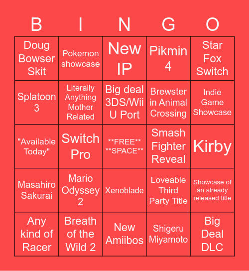 Nintendo E3 Bingo 2021 Bingo Card