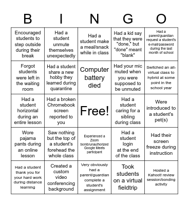 Distance Learning Adventures Bingo Card