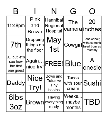 Mommy To Be Bingo Card
