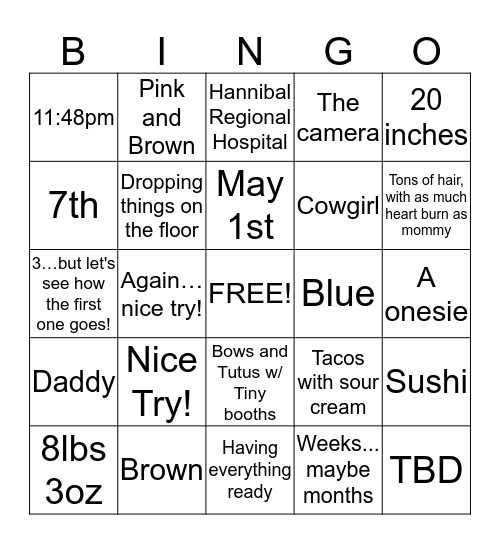 Mommy To Be Bingo Card