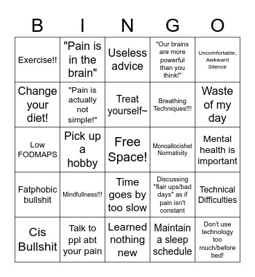 Unhelpful Pain Support Group Bingo Card