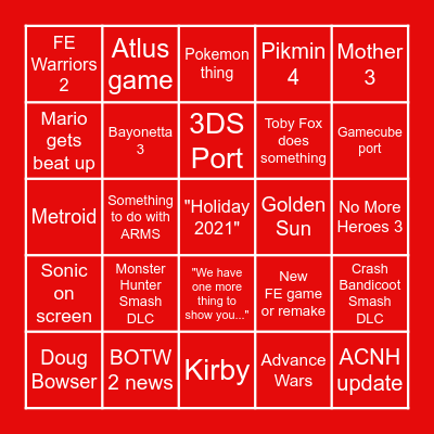 NINTENDO E3 2021 Bingo Card