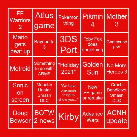 NINTENDO E3 2021 Bingo Card