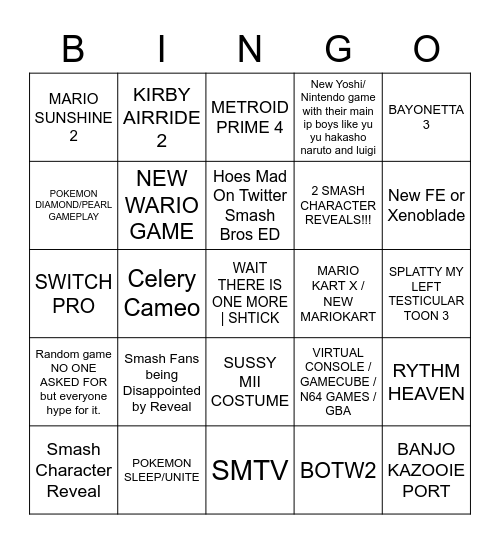 NINTENDO 3E Bingo Card