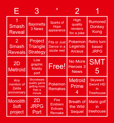 Nintendo E3 2021 Bingo Card