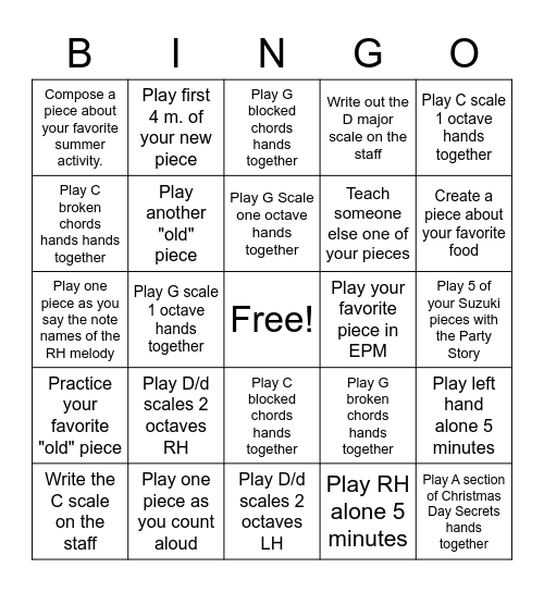 Practicing Bingo Card