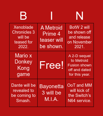 Ray’s Nintendo Direct BINGO Card