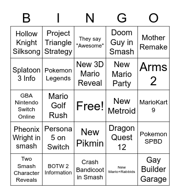 Nintendo E3 Bingo Card