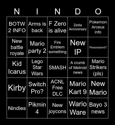 Nintendo Direct e3 Bingo Card