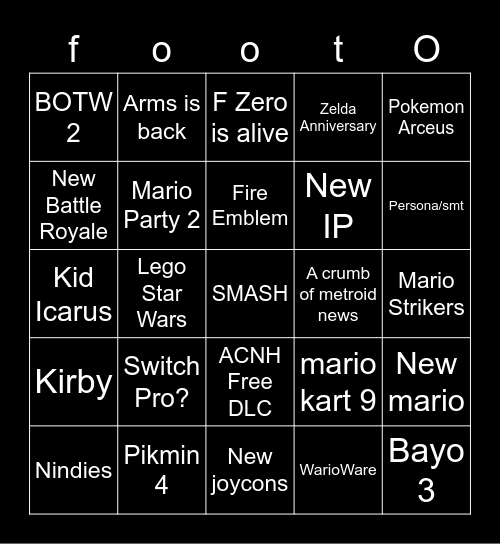 Nintendo Direct AHH e3 Bingo Card