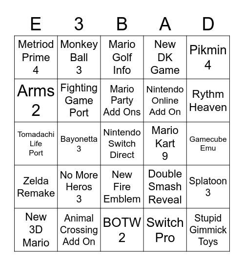 E3 Nintendo Direct Bingo Card