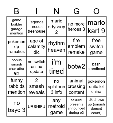 nintendo e3 2021 Bingo Card