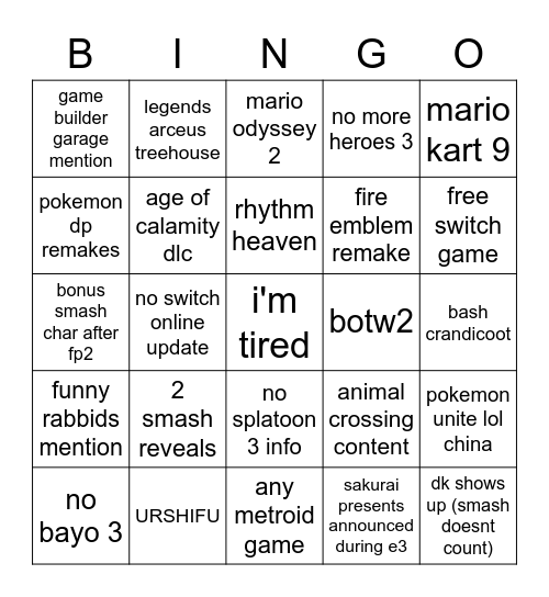 nintendo e3 2021 Bingo Card