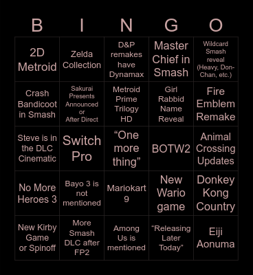 NINTENDO E3 BINGO Card