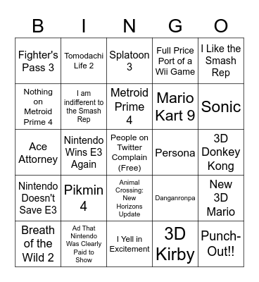 Nintendo E3 Bingo Card