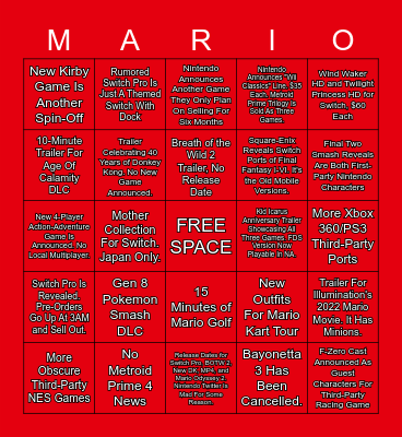 Nintendo Direct Bingo 2021 Bingo Card