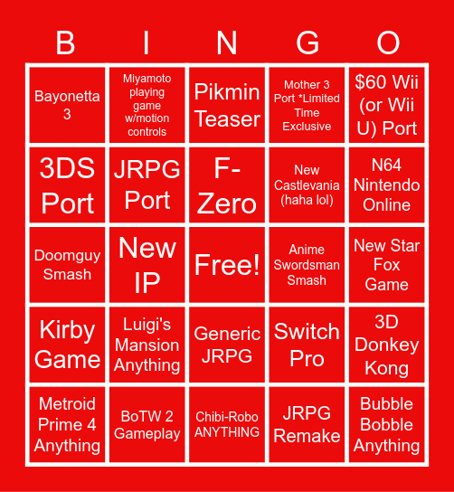 Nintendo Direct 2021 Bingo Card