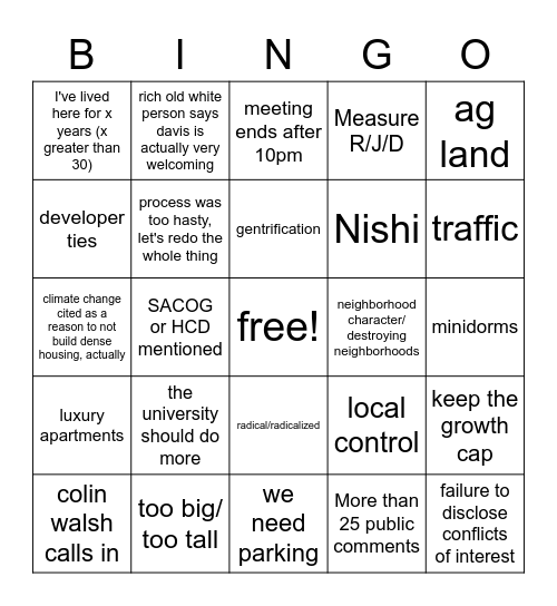 City Council Bingo! Bingo Card