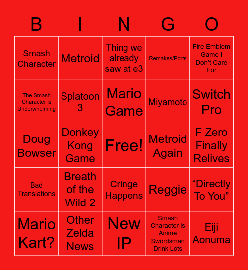 The Nintendo Drink Direct Bingo Card