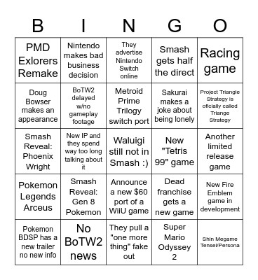 Nintendo E3 Bingo Card