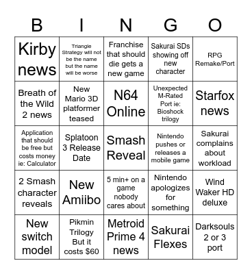 Nintendo Direct Bingo E3 2021 Bingo Card