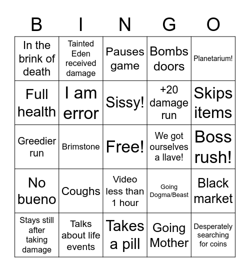 Sinvicta's bingo Card