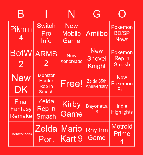 Nintendo E3 PREDICTIONS Bingo Card