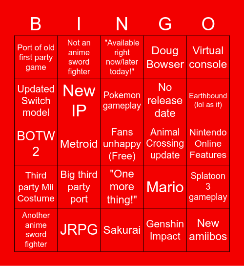 Nintendo Direct E3 2021 Bingo Card