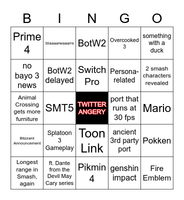 Nintendo E3 Bingo Card