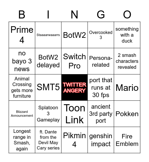 Nintendo E3 Bingo Card