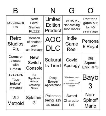 Nintendo Direct E3 2021 Bingo Card